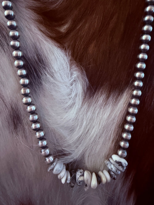 Handcrafted White Buffalo & Sterling Silver Pearl 20” Beaded Necklace