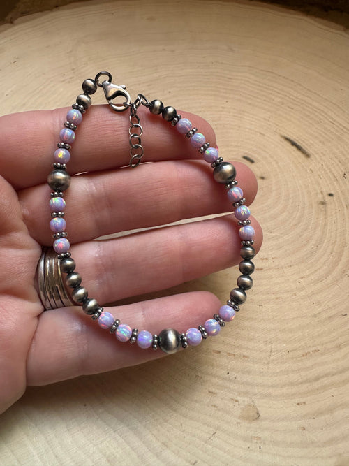 Handmade Purple Fire Opal & Sterling Silver Beaded Bracelet