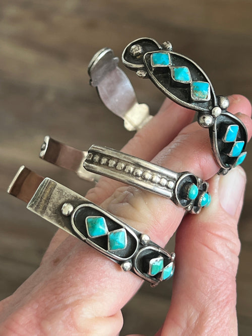 Vintage Zuni Sterling Silver and Three Diamond Turquoise Panel Stacker Cuff Bracelet