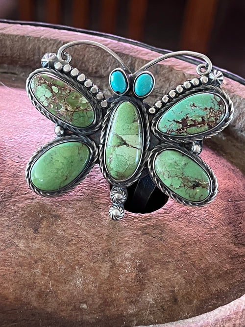 Apache Sterling Silver and Egyptian Turquoise Butterfly Ring by Rosella Paxson, Size 9.5