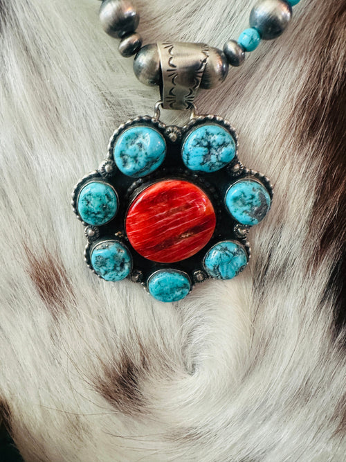 Handcrafted Turquoise, Spiny & Sterling Silver Pearl Beaded Flower Necklace 18"