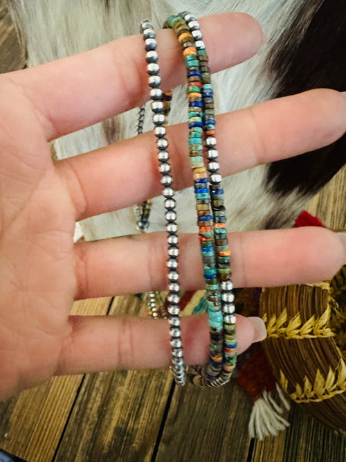 Handcrafted Turquoise, Spiny Oyster & Sterling Silver Pearl Triple-Strand 16” Beaded Necklace