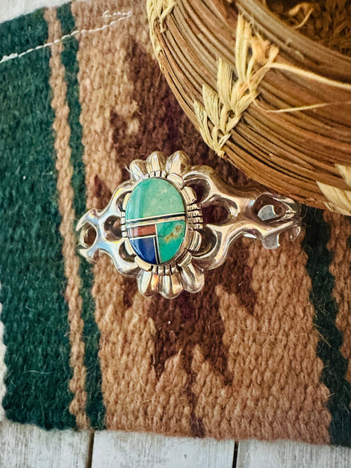 Old Pawn Navajo Multi Stone & Sterling Silver Inlay Cuff Bracelet