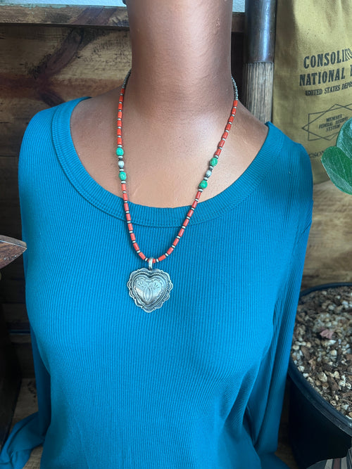 Bohemian Bliss Beaded Layering Necklace with Sterling Silver, Mediterranean Coral and Sonoran Gold Turquoise, 20” + 1-1/2”
