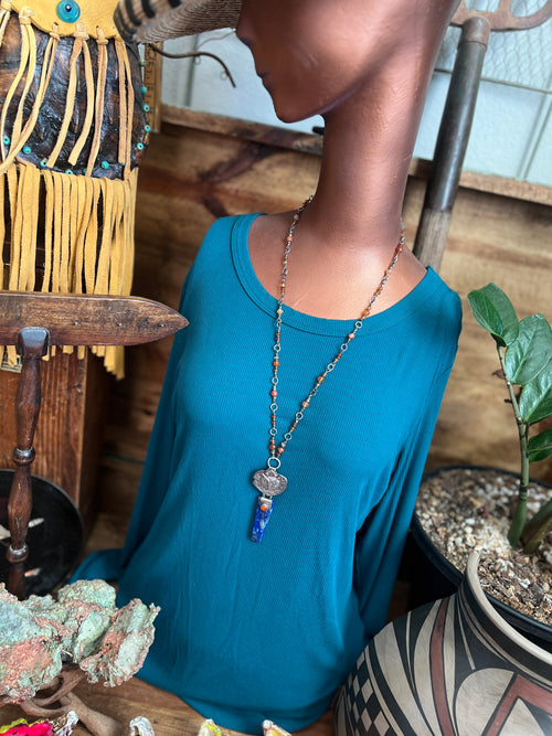 Tularosa Rosary Style Sterling Silver, Lapis Lazuli and Carnelian Ancient Owl Talisman Necklace