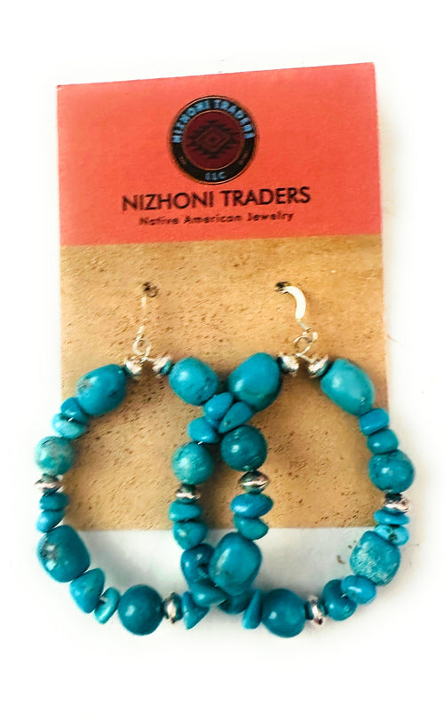 Navajo Kingman Turquoise & Sterling Silver Beaded Hoop Earrings