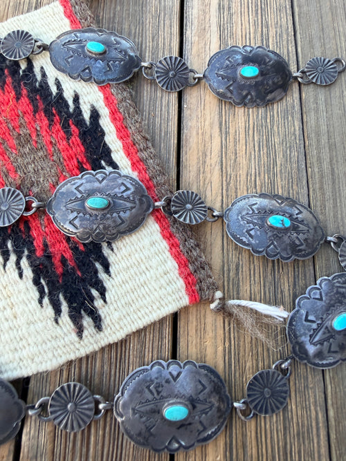Handcrafted Vintage Old Pawn Turquoise & Sterling Silver Concho Belt