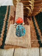 Old Pawn Handcrafted Turquoise, Coral & Sterling Silver Ring Size 10.25