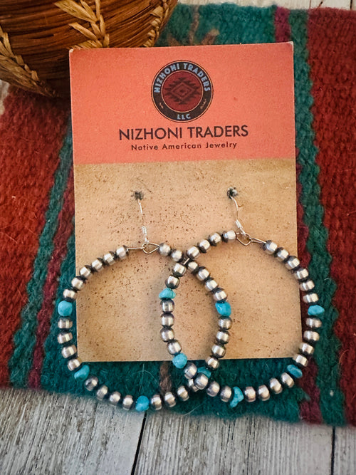 Handcrafted Turquoise & Sterling Silver Beaded Dangle Hoop Earrings