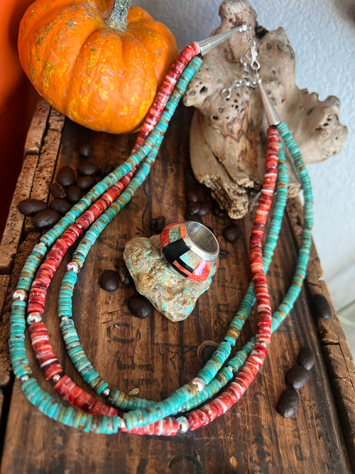 Daniel Coriz Triple Strand Spiny Oyster and Turquoise Beaded Necklace w/ Removable Sterling Silver & Stone Inlay Bead