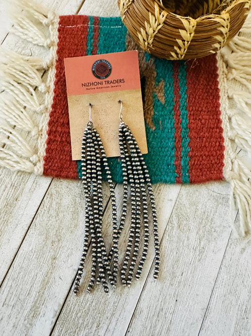 Navajo Sterling Silver Pearl Beaded Tassel Dangle Earrings