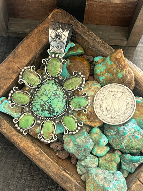 Apache Made Sterling Silver, Hubei & Egyptian Turquoise Cluster Pendant by Rosella Paxson