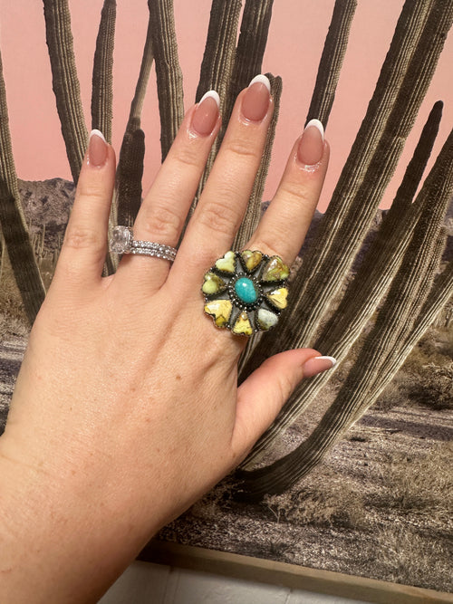 Beautiful Handmade Sonoran Mountain Turquoise, Palomino Turquoise And Sterling Silver Adjustable Heart Ring