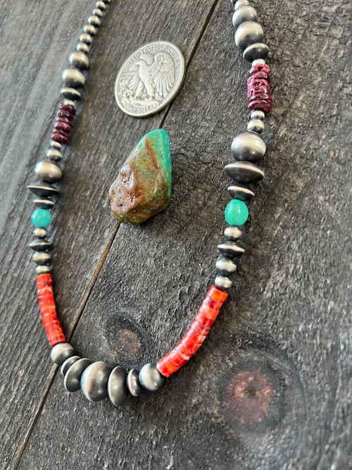 Navajo Electric Rainbow Sterling Silver, Turquoise and Spiny Oyster Single Strand Beaded Necklace by Rose Martin, 18 + 2 Inches