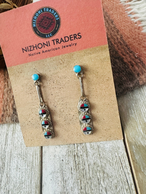 Old Pawn Zuni Multi Stone & Sterling Silver Inlay Sun Face Earrings