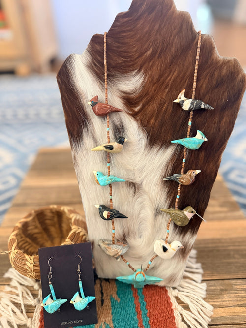 Old Pawn Handcrafted Multi Stone Fetish Bird Beaded 30” Necklace and Earring Set