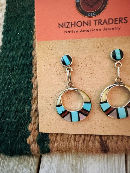 Old Pawn Zuni Multi Stone & Sterling Silver Inlay Earrings