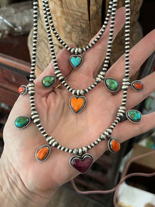 Navajo Made Sterling Silver Electric Rainbow Triple Layer Beaded Drop & Heart Necklace by Loretta Delgarito