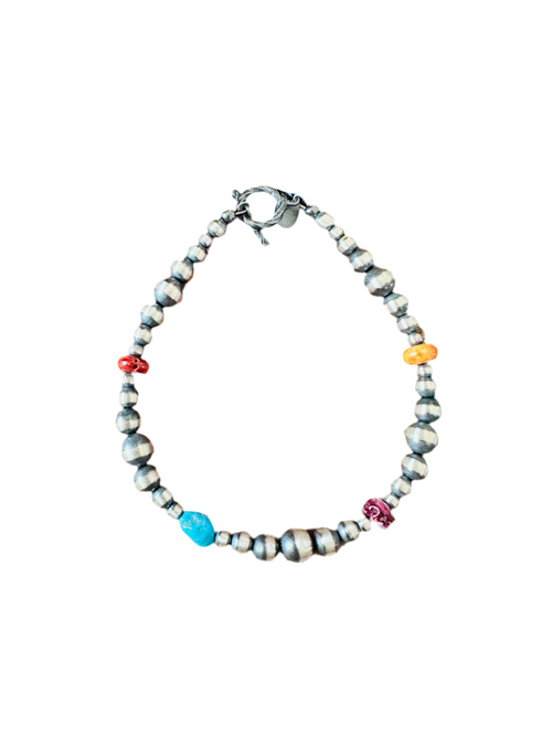Navajo Sterling Silver Pearl, Spiny & Turquoise Beaded Bracelet