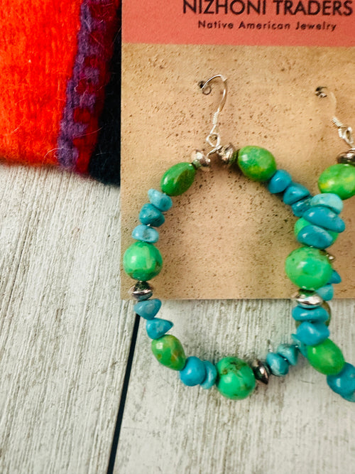 Navajo Kingman Turquoise & Sterling Silver Beaded Hoop Earrings