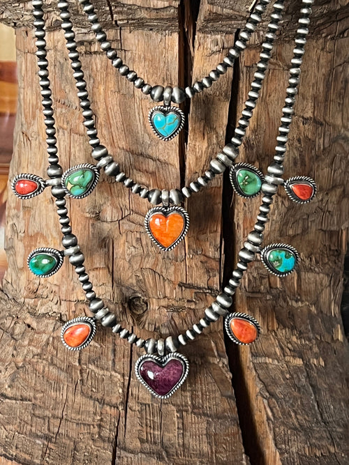 Navajo Made Sterling Silver Electric Rainbow Triple Layer Beaded Drop & Heart Necklace by Loretta Delgarito