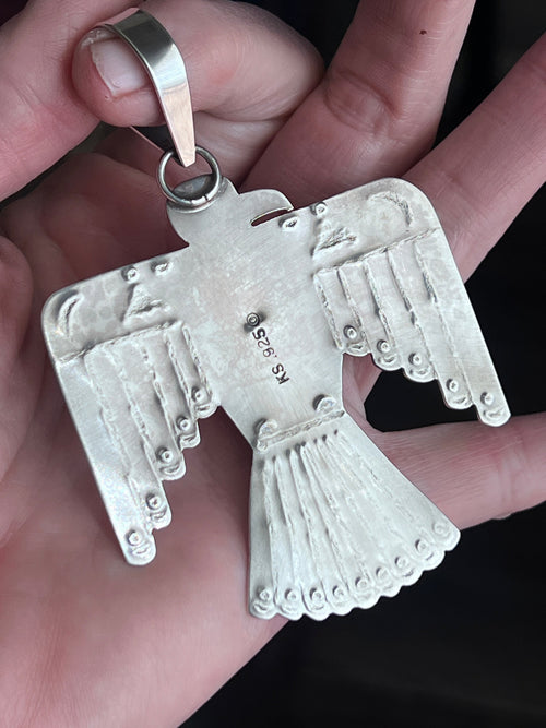 Kimari Somers Hand Stamped Sterling Silver & Kingman Turquoise Thunderbird Pendant 5