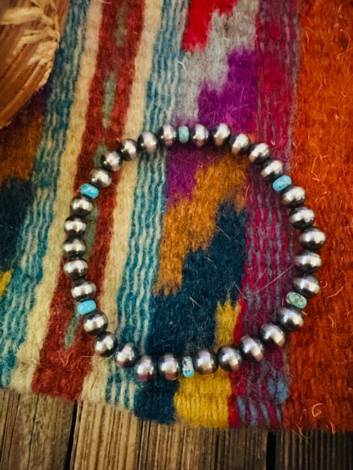 Handcrafted 5mm Sterling Silver Pearl & Turquoise Beaded Stretch Bracelet