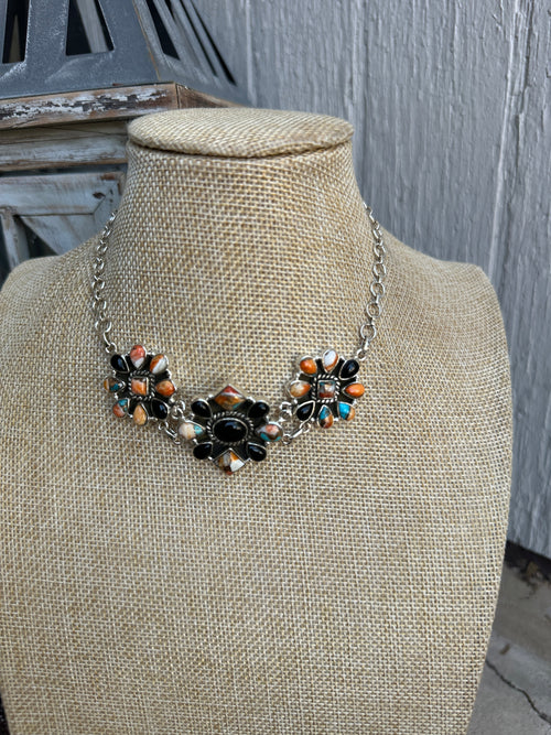 Beautiful Handmade Sterling Silver, Onyx & Spice Cluster Choker Necklace