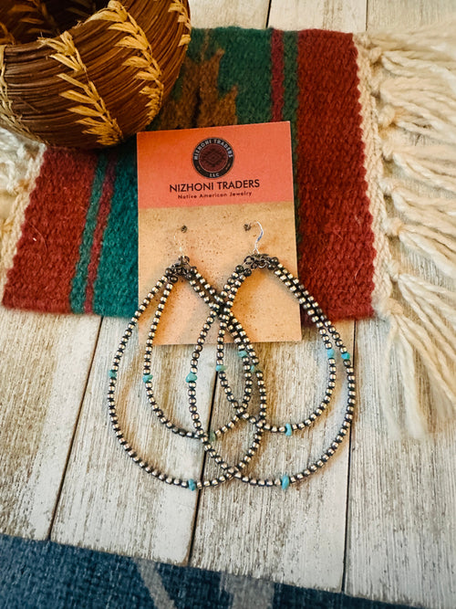 Handcrafted Turquoise & Sterling Silver Beaded Dangle Hoop Earrings