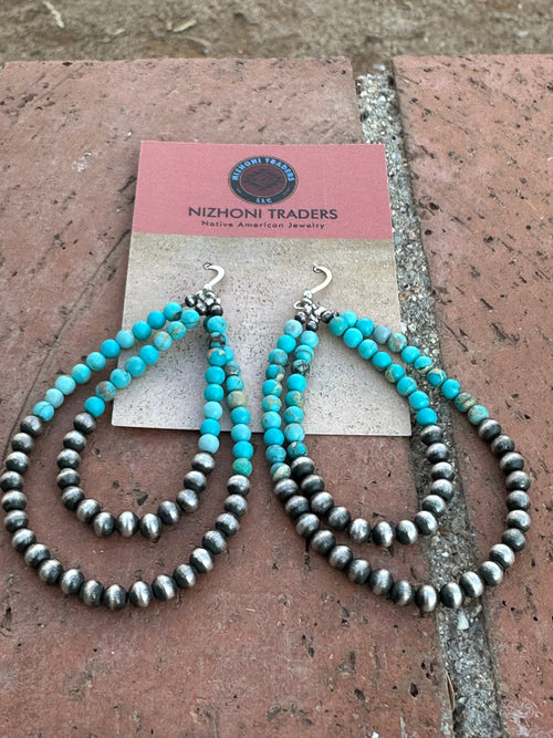 Navajo Turquoise & Sterling Silver Beaded Double Hoop Dangle Earrings