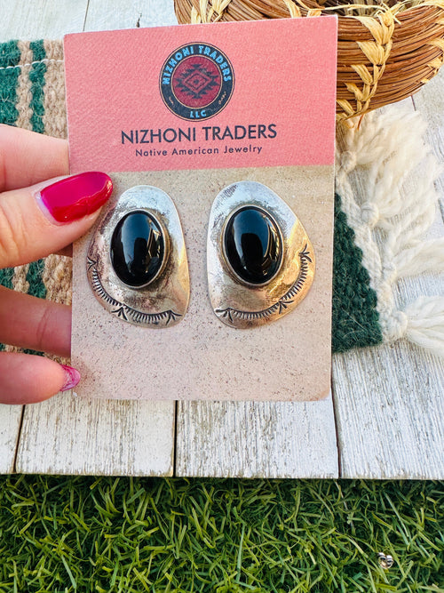 Handcrafted Old Pawn Sterling Silver & Onyx Post Earrings