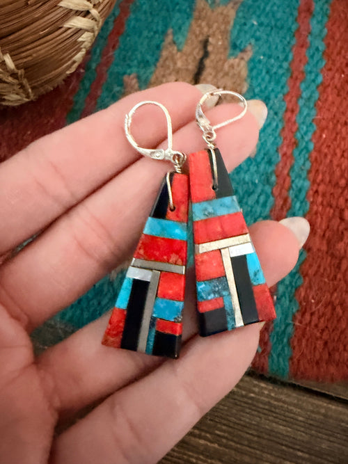 Old Pawn Handcrafted Multi Stone Inlay Dangle Earrings