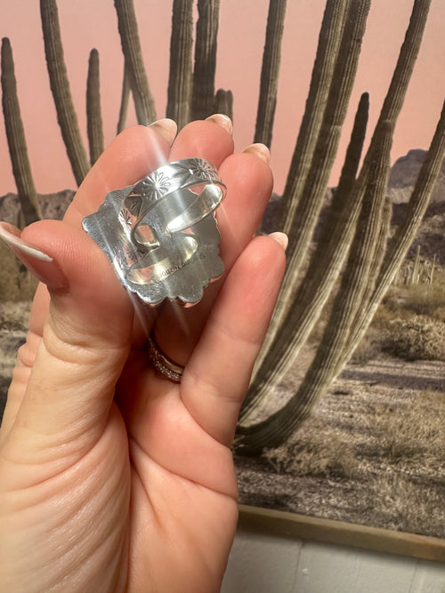 Beautiful Handmade Palomino Turquoise, White Buffalo, Sonoran Mountain And Sterling Silver Adjustable HEART Ring