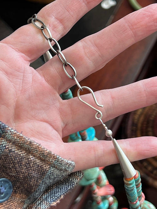 Stunning Handcrafted Double Strand Sterling Silver, Turquoise and Spiny Oyster Beaded Tab Necklace by Daniel Coriz