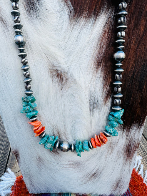 Handcrafted Turquoise, Spiny & Sterling Silver 24” Beaded Necklace by Chimney Butte
