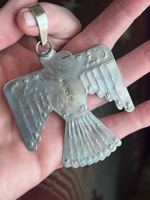Kimari Somers Hand Stamped Sterling Silver & Kingman Turquoise Thunderbird Pendant 4