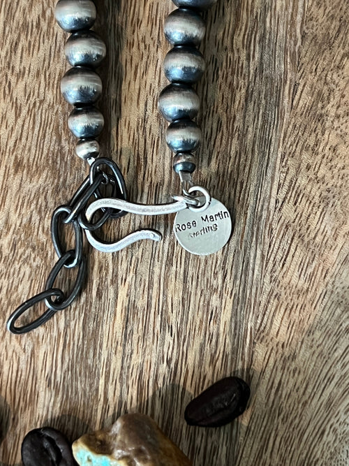 Handcrafted Sterling Silver and Kingman Turquoise Beaded Necklace by Rose Martin, 31 + 1-1/2 inches