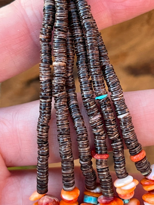 Gorgeous Navajo Made Six Strand Spiny Oyster and Turquoise Beaded Squaw Wrap Necklace with Spiny Oyster Tabs