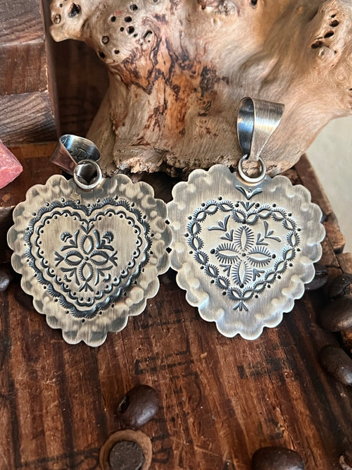 Hand Stamped Sterling Silver & Kingman Turquoise Heart Pendant by June Delgarito