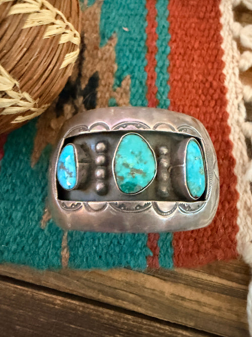 Handcrafted Old Pawn Sterling Silver & Multi Turquoise Shadowbox Cuff Bracelet
