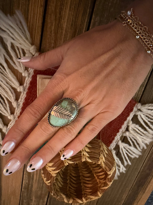 Old Pawn Handcrafted Turquoise & Sterling Silver Leaf Ring Size 5