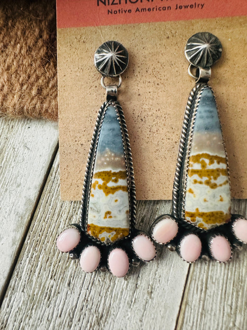 Old Pawn Navajo Fossilized Coral, Queen Pink Conch & Sterling Silver Dangle Earrings