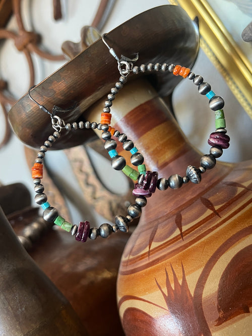 Navajo Made Electric Rainbow 2 Inch Sterling Silver, Turquoise & Spiny Oyster Beaded Hoop Earrings, Leverback