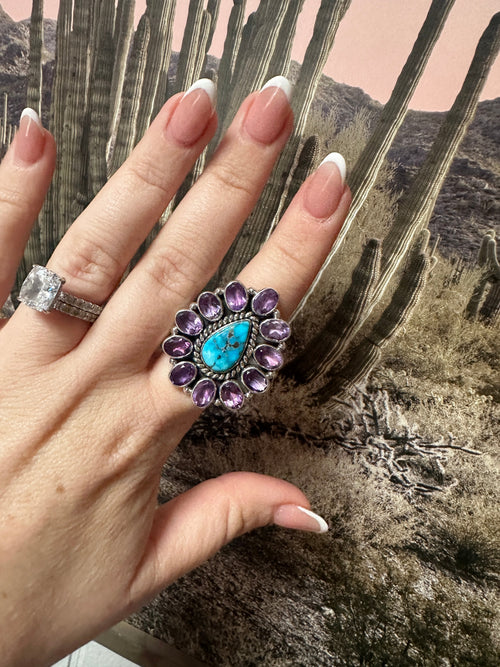 Handmade Sterling Silver, Amethyst, Sonoran Mountain Turquoise Cluster Adjustable Ring