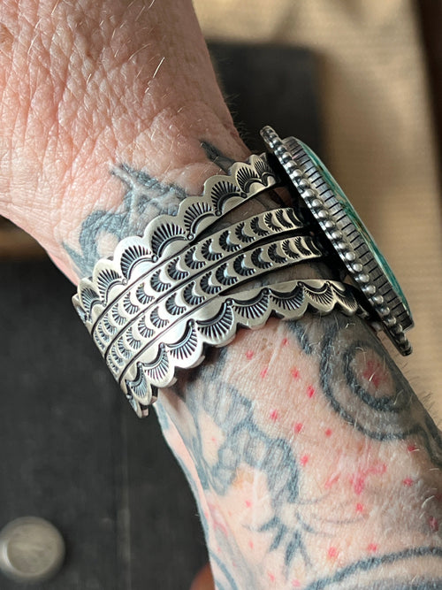 Navajo Hand Stamped Sterling Silver and Royston Turquoise Cuff Bracelet by Diane Wylie