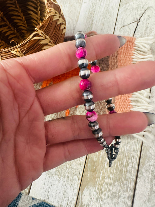 Navajo Pink Mojave and Sterling Silver Pearl Beaded Bracelet