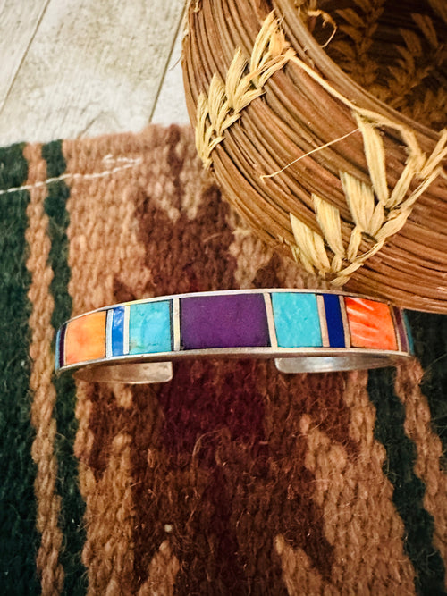 Old Pawn Navajo Multi Stone & Sterling Silver Inlay Cuff Bracelet
