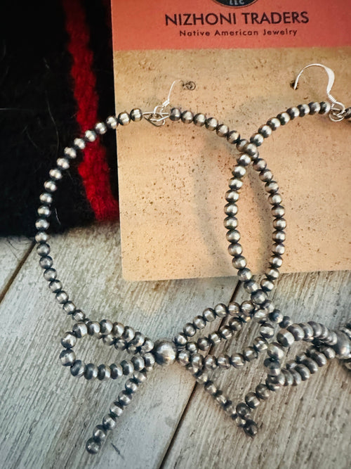Navajo 3mm Sterling Silver Pearl Beaded Bow Dangle Hoop Earrings