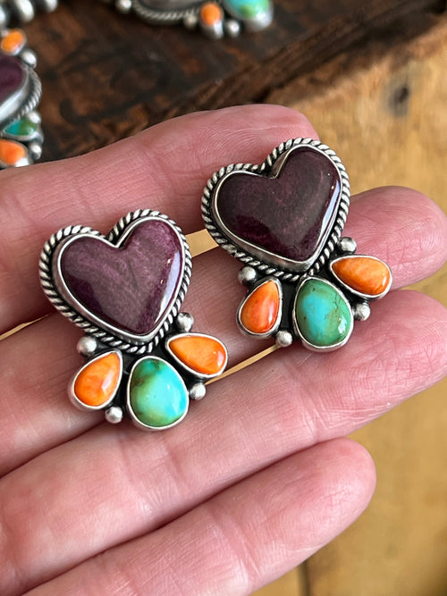 Navajo Made Sterling Silver Electric Rainbow Beaded Heart Cluster Necklace & Earrings Set by Angela Martin