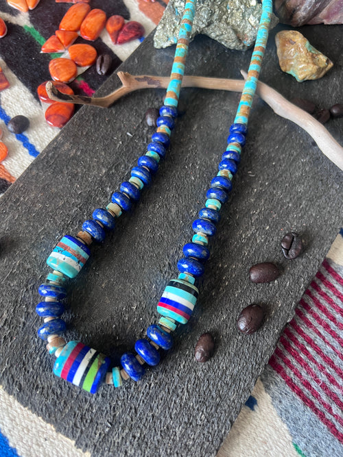 Ronald Chavez Handcrafted  Multistone Beaded Santo Domingo Necklace with Lapis Rondelles